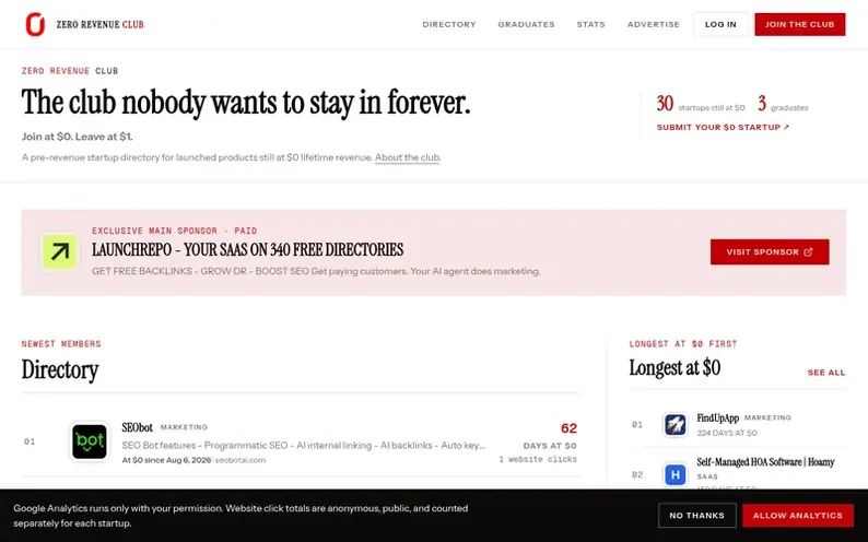 Screenshot of the Zero Revenue Club homepage