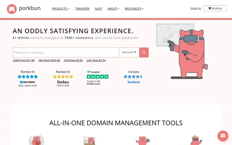 Screenshot of the Porkbun homepage