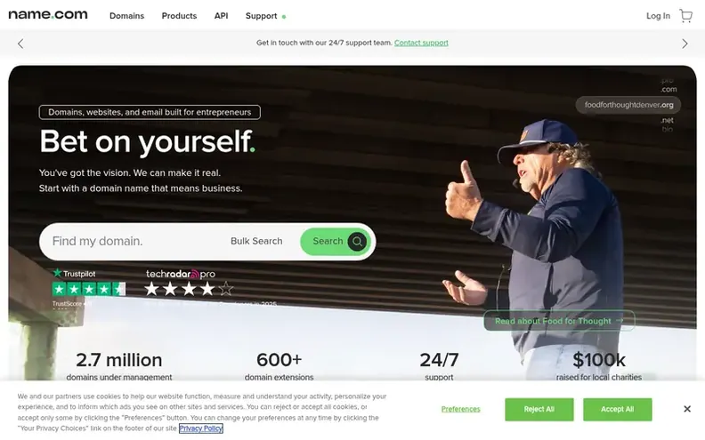 Screenshot of the name.com homepage