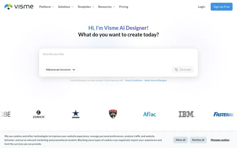 Screenshot of the Visme homepage