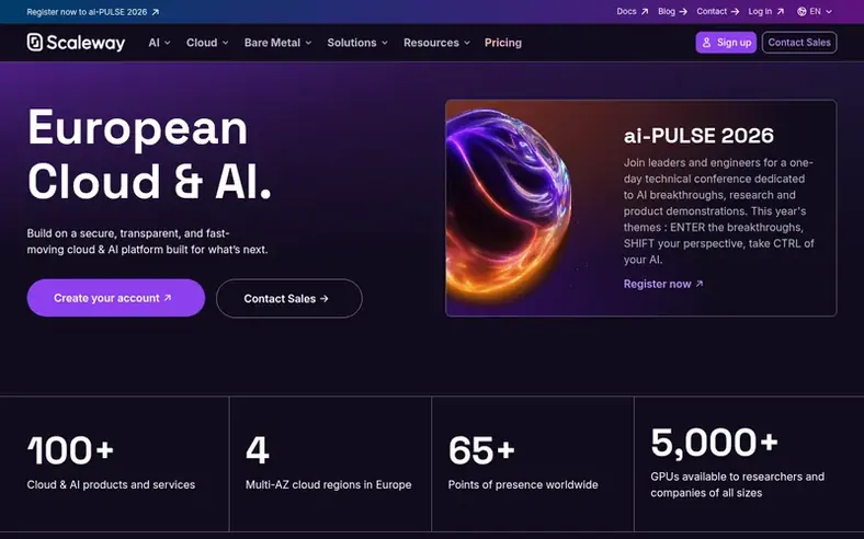 Screenshot of the Scaleway homepage