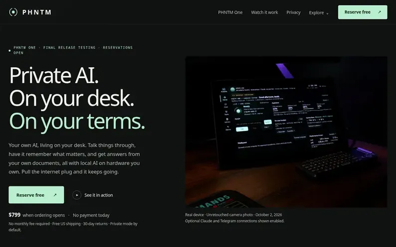 Screenshot of the PHNTM One homepage