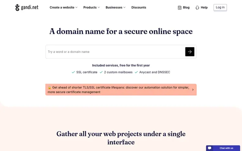 Screenshot of the Gandi.net homepage
