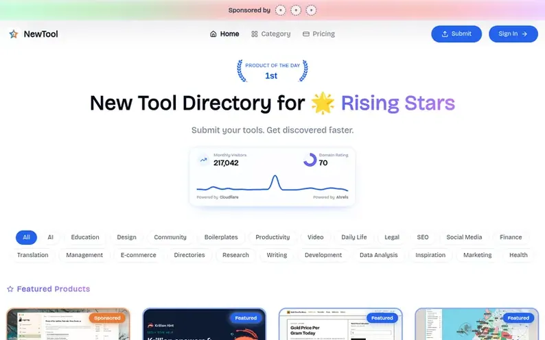 Screenshot of the NewTool homepage