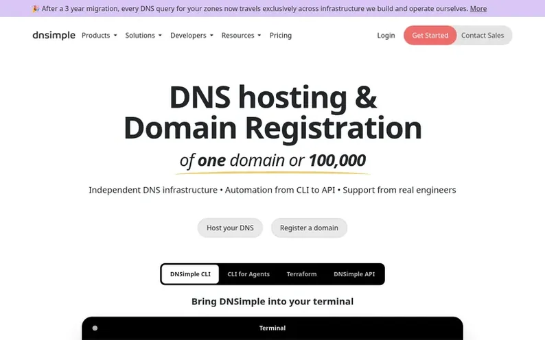 Screenshot of the DNSimple homepage
