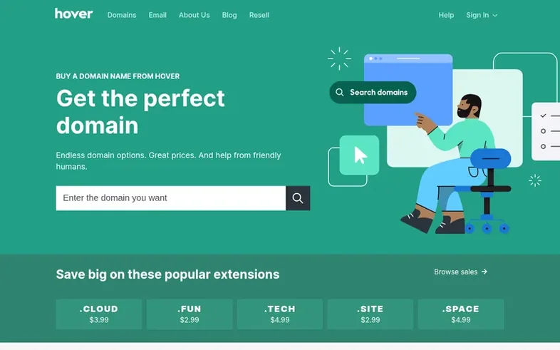 Screenshot of the Hover homepage