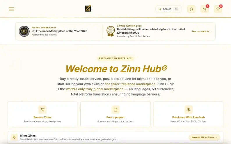 Screenshot of the Zinn Hub homepage