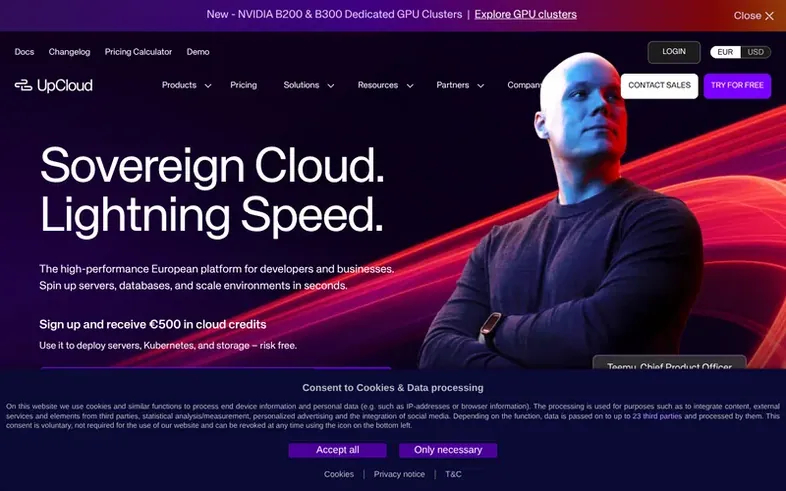 Screenshot of the UpCloud homepage
