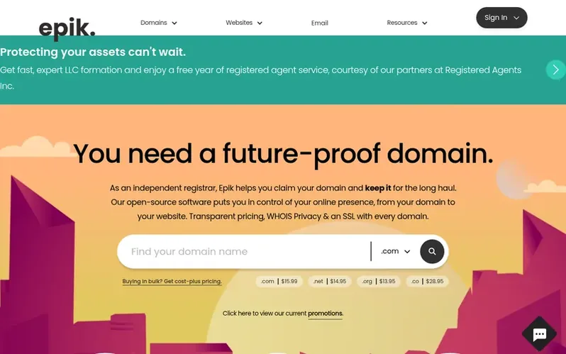 Screenshot of the Epik homepage