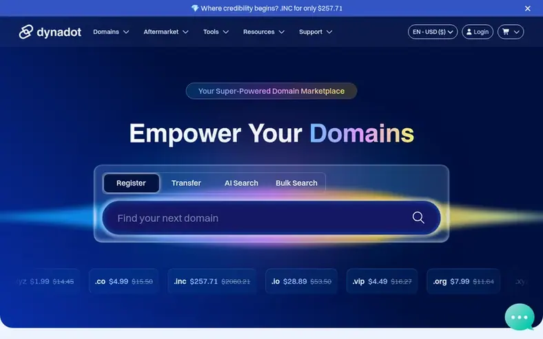 Screenshot of the Dynadot homepage